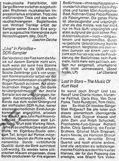 Plattenkritik zur LP LIVE IN PARADISE Stadtmagazin TIP Dez.1985